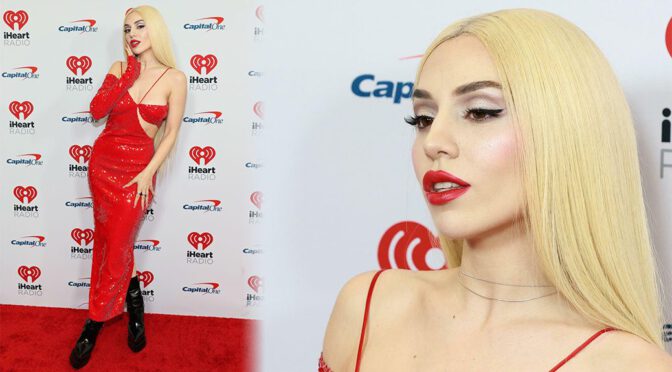Ava Max Gorgeous in Red Dress at Z100’s iHeartRadio Jingle Ball 2022 in New York