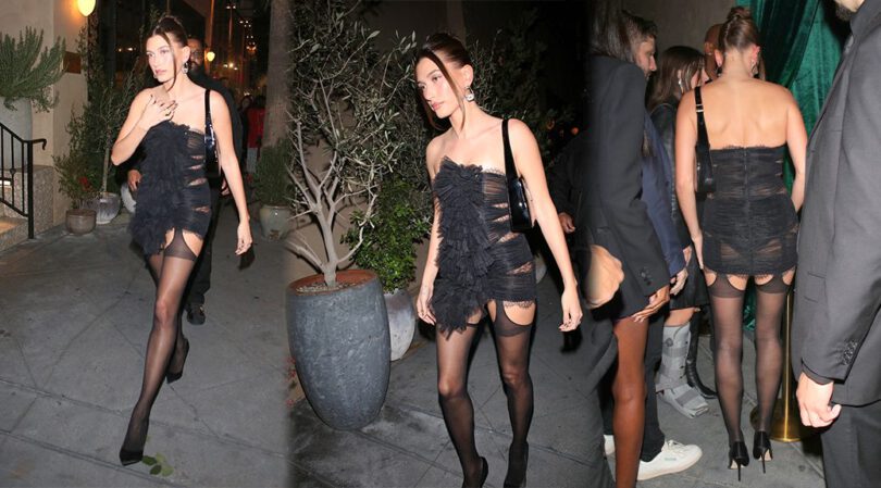 Hailey Bieber Shows Sexy Body in Stockings and Black Dress at Fleur Room Lounge in West Hollywood