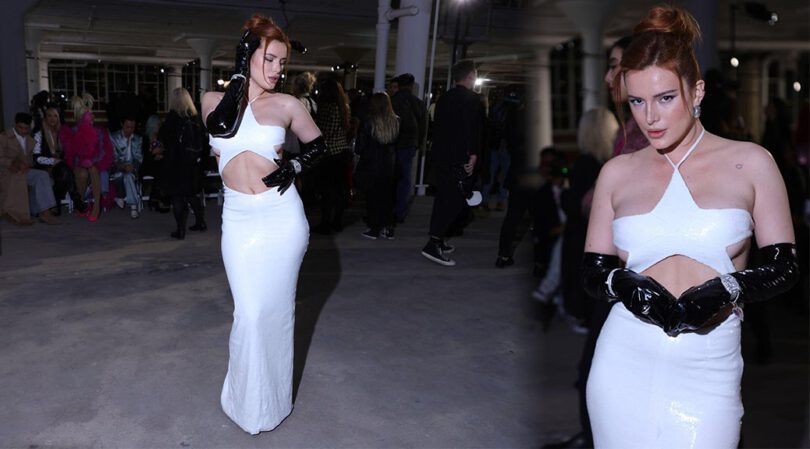 Bella Thorne Braless in Sexy Revealing Dress at Christian Cowan Fashion Show in New York