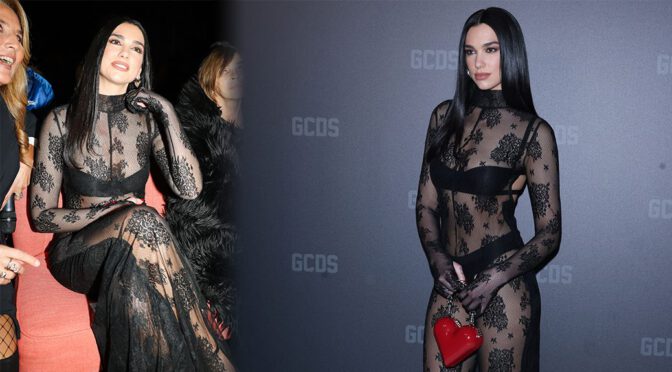 Dua Lipa Stuns in Transparent Dress and Black Lingerie at GCDS Fashion Show in Milan