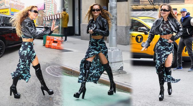 Rita Ora Shows Sexy Legs in Boots Out in New York