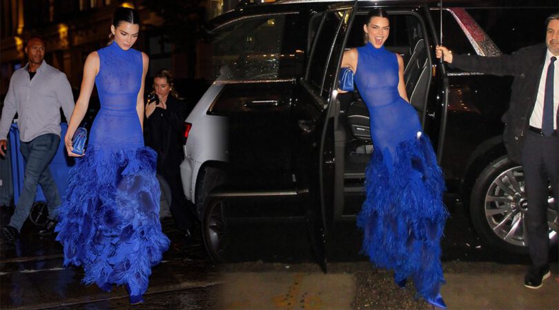 Kendall Jenner Goes Braless in Sheer Blue Dress, Exposes Nipples at Karl Lagerfeld Retrospective