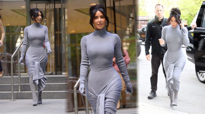 Kim Kardashian’s Gorgeous Curvy Body in Grey Body-Hugging Dress