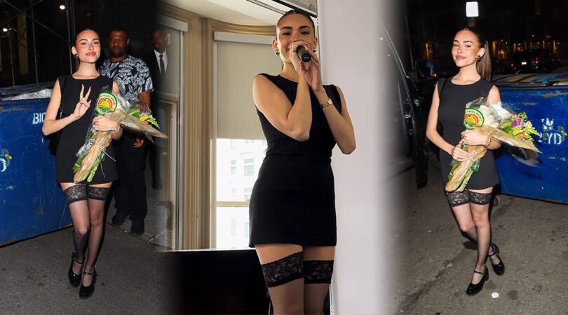 Madison Beer Flaunts Her Long Legs in a Sultry Black Dress and Stockings at Barnes & Noble in NYC