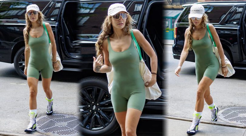 Rita Ora’s Braless and Pantyless Look in Tight Gym Outfit