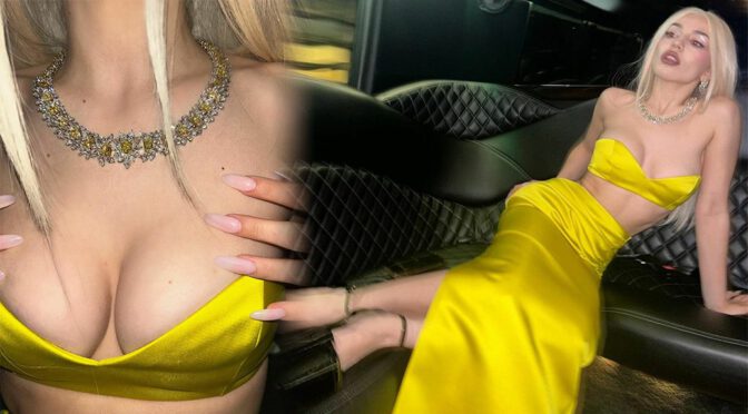 Ava Max Flashes Sexy Braless Look in Skimpy Yellow Top and Skirt