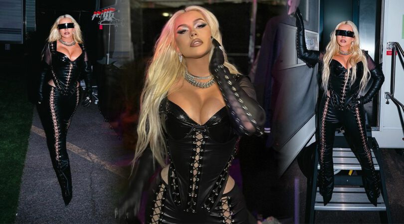 Christina Aguilera Flaunts Her Beautiful Big Boobs in Sexy Black Leather Outfit