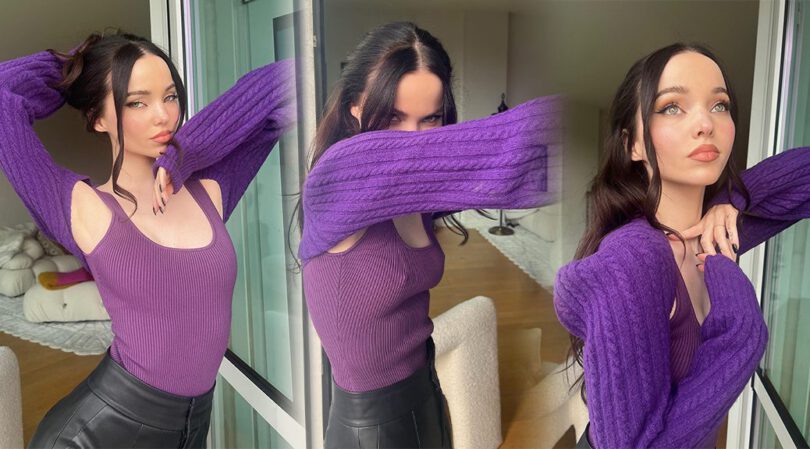 Dove Cameron Radiates in a Purple Top, Embracing Her Braless Confidence and Irresistible Pokies