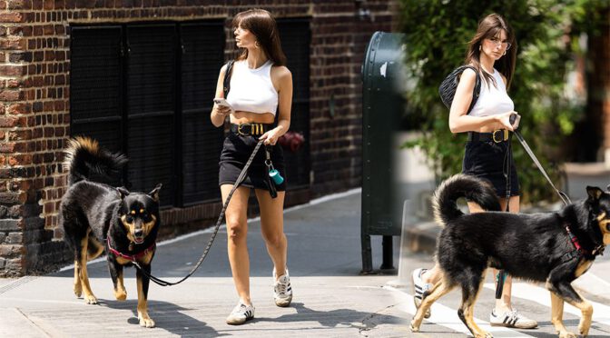 Emily Ratajkowski Flaunts Braless Breasts and Toned Legs While Walking Her Dog in New York