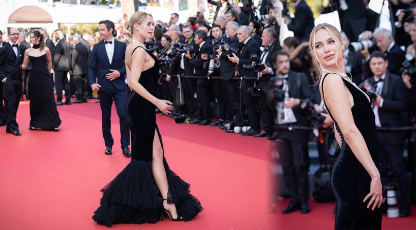 Cannes’ Hottest Siren: Kimberley Garner Dazzles in a Revealing Black Dress, Emphasizing Her Legs and Curves