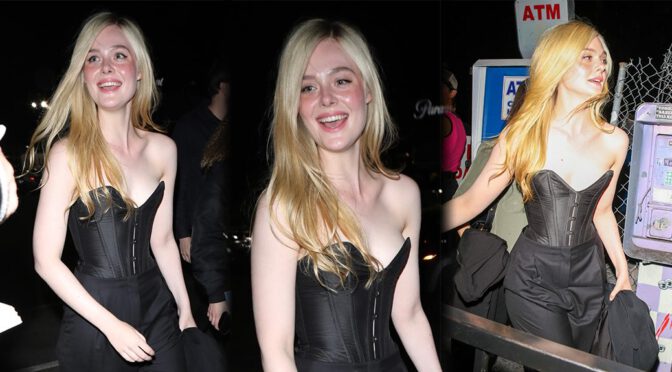 Seductive Snapshot: Elle Fanning Flaunts Braless Boobs in Black Corset at Paris Hilton’s Concert in Hollywood