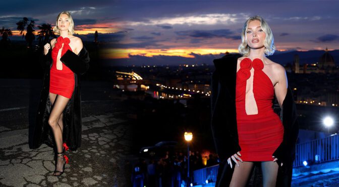 Sizzling Hot Elsa Hosk Wears Red Mini Dress and Black Stockings in Florence Runway Show