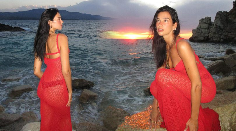 Dua Lipa: Sultry Sunset Photo Shoot with Stunning Sheer Red Dress and Black Thong Panties!