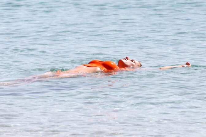 Michelle Hunziker Orange Swimwear Nipples Exposed