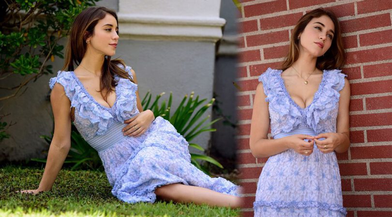 Caylee Cowan’s Boobs Steal the Show: Glamorous Low-Cut Dress in Love the Label Shoot
