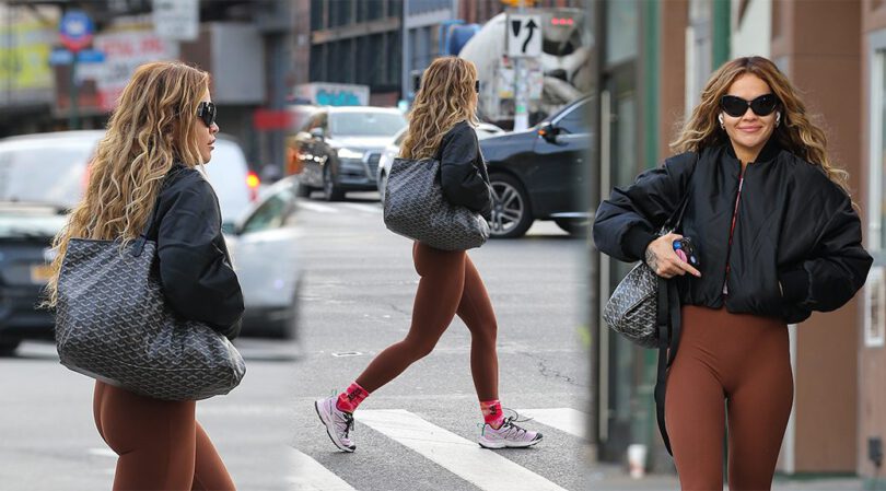 Rita Ora’s Bootylicious Delight: Brown Leggings and Black Jacket Set NYC Ablaze!