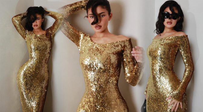 Golden Goddess: Kylie Jenner’s Curve-Flaunting Elegance in a Mesmerizing Shoot