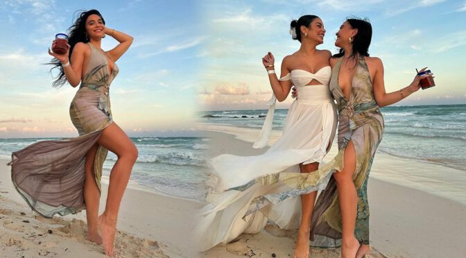 Beach Chic: Stella Hudgens Radiates Glamour with Legs and Cleavage on Display!