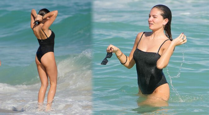 Thylane Blondeau’s Mesmerizing Black Swimsuit Beach Stroll in Miami