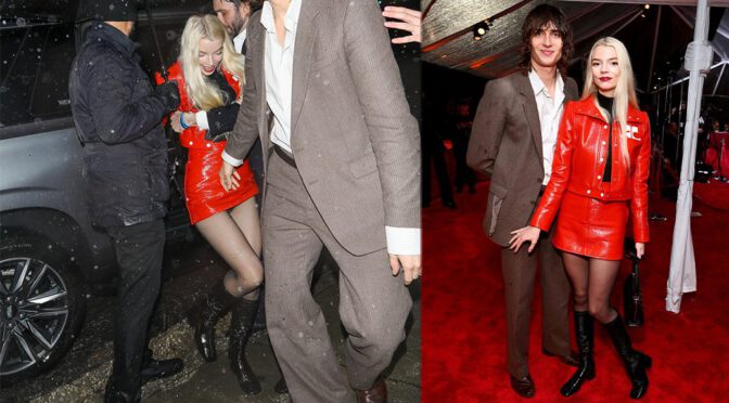 Dazzling Anya Taylor-Joy Takes a Bold Stride: Red Mini Skirt, Black Hose, and a Dash of Upskirt Glam!