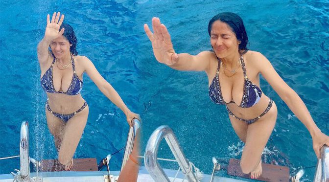 Salma Hayek Sizzles in Blue Bikini, Flaunting Her Enviable Big Breasts!