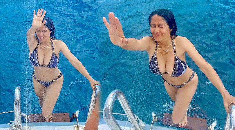 Salma Hayek Sizzles in Blue Bikini, Flaunting Her Enviable Big Breasts!