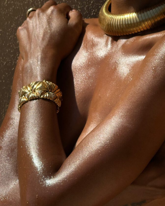 Jasmine Tookes Skimpy Gold Bikini Topless Tease