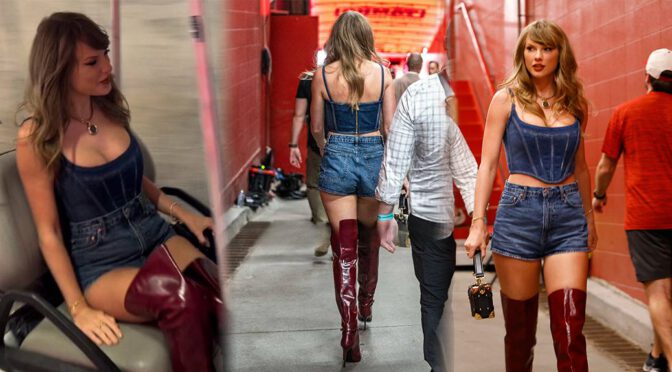 Taylor Swift Rocks Sexy Denim Shorts and Sizzling Thigh-High Boots at Arrowhead Stadium