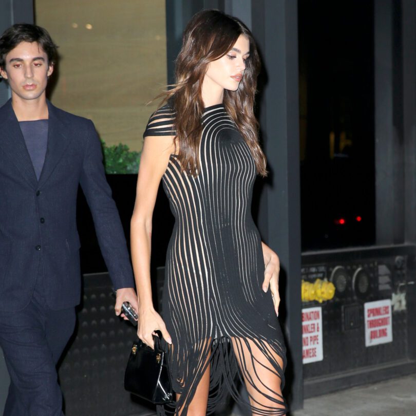 Kaia Gerber Sexy Black Dress Legs Time Event