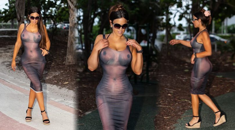 Claudia Romani Flaunts Curves in Eye-Catching Nude Illusion Dress in Miami!