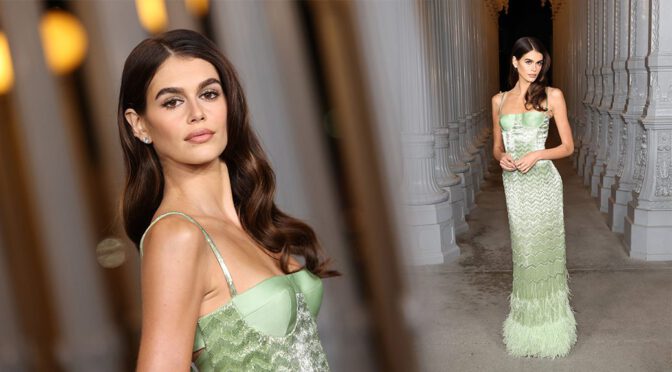 Glamorous Kaia Gerber Shines in Chic Green Gown at Los Angeles Gala