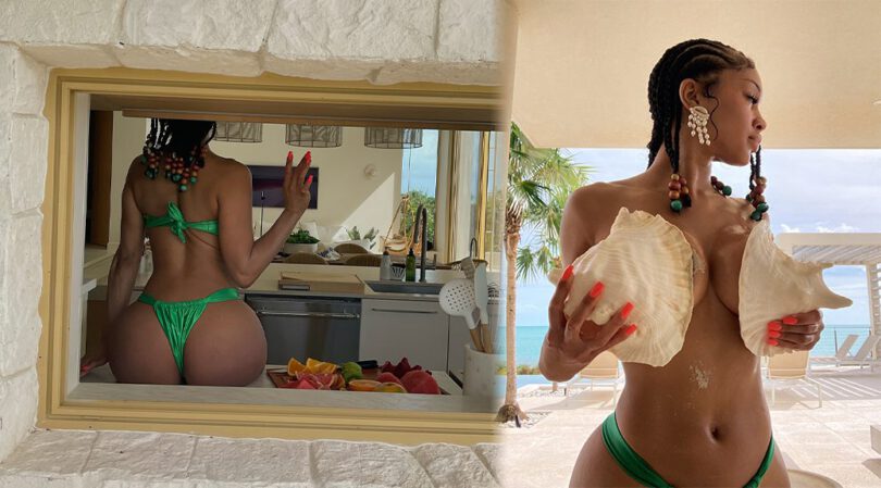 Saweetie’s Topless Beach Tease: Big Breasts & Round Ass in Green Bikini