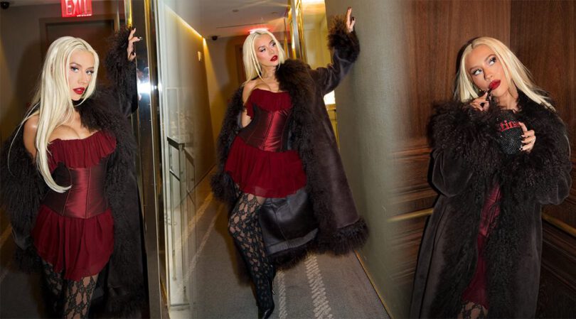 Christina Aguilera’s Boobs Pop in a Tight Corset Dress and Lace Stockings!