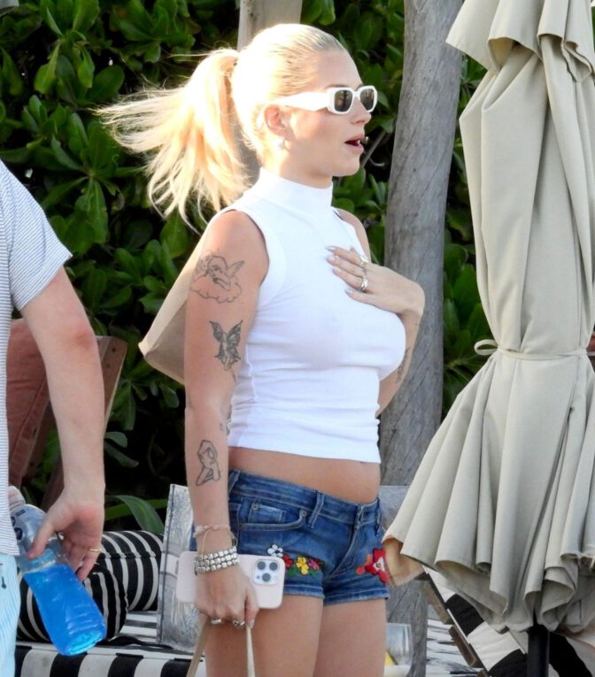 Lottie Moss Braless Denim Shorts Sexy