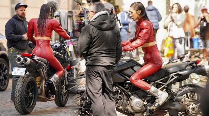 Bella Hadid Straddles a Motorcycle in Skin-Tight Red Leather — Paris Goes Wild