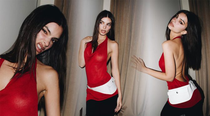 Emily Ratajkowski Goes Braless in See-Through Red for Flashy Late-Night Shoot