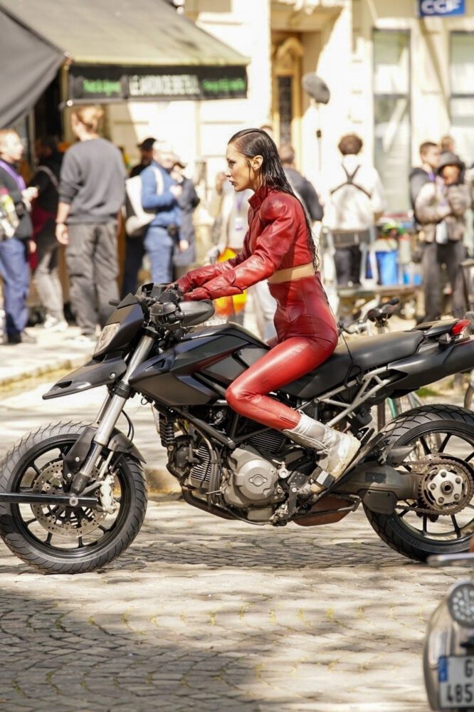 Bella Hadid Red Leather Catsuit Motorcycle Paris