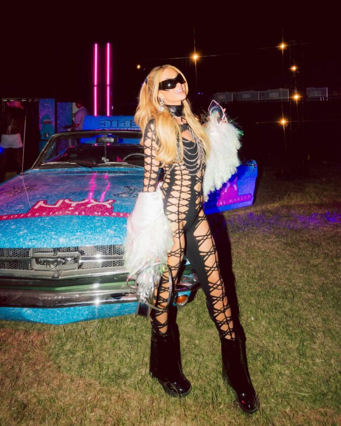 Paris Hilton Sexy Body Coachella Bondage Bodysuit