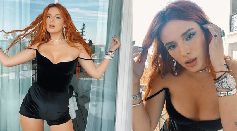 Bella Thorne Stuns in Black Velvet Romper Showing Off Killer Curves