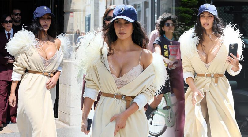 Kim Kardashian’s Cleavage Explodes Out of Feathered Dress in Paris