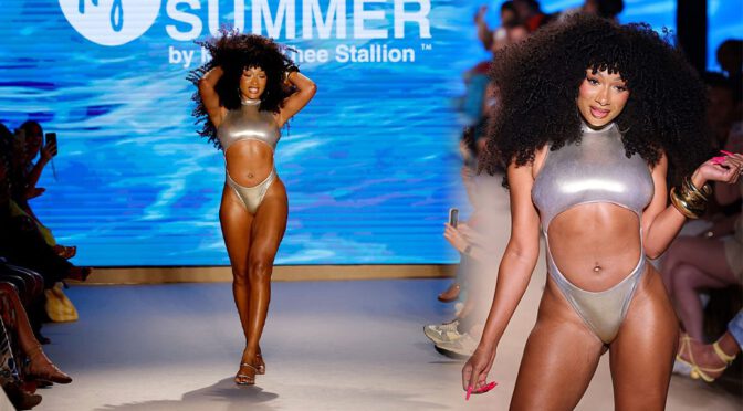 Megan Thee Stallion Sets Runway on Fire in Skintight Silver Swimsuit at Miami Swim Week