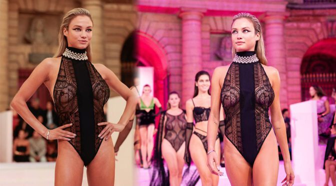 Rose Bertram’s See-Through Shock: Big Breasts, Hard Nipples & Long Legs Unleashed on Paris Runway!