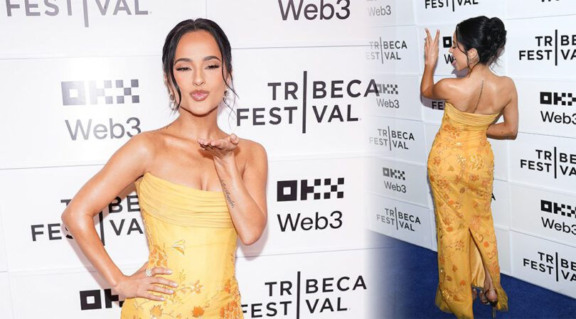 Becky G Radiates in Sunny Strapless Gown at “Rebbeca” Tribeca Premiere