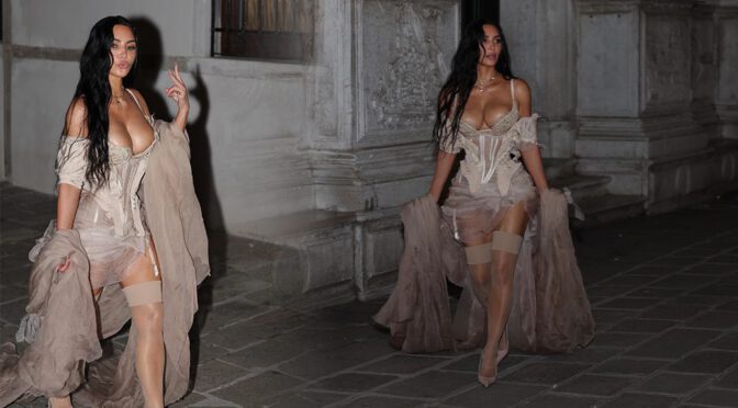 Kim Kardashian’s Boobs Steal the Show in Erotic Corset Look at Bezos Wedding Afterparty