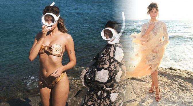 Maia Mitchell Shines in a Dreamy Lace Dress & Bikini for Harper’s BAZAAR