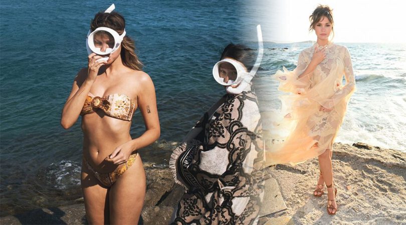 Maia Mitchell Shines in a Dreamy Lace Dress & Bikini for Harper’s BAZAAR