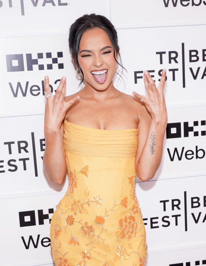 Becky G Rebbeca Premiere Yellow Strapless Gown