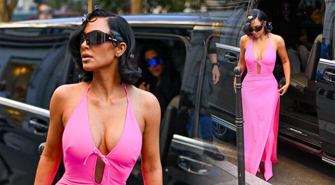 Kim Kardashian’s Breasts Nearly Explode from That Tight Pink Dress