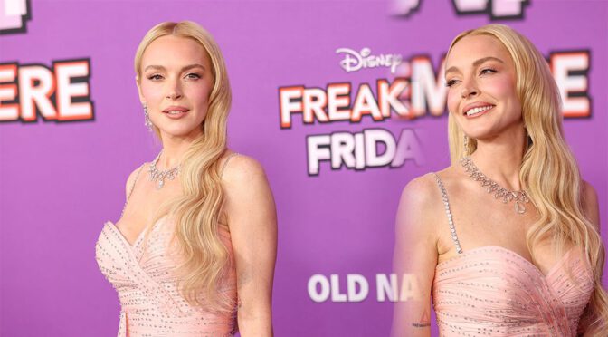 Lindsay Lohan Bursts Out in Sexy Pink Gown at Freakier Friday Premiere