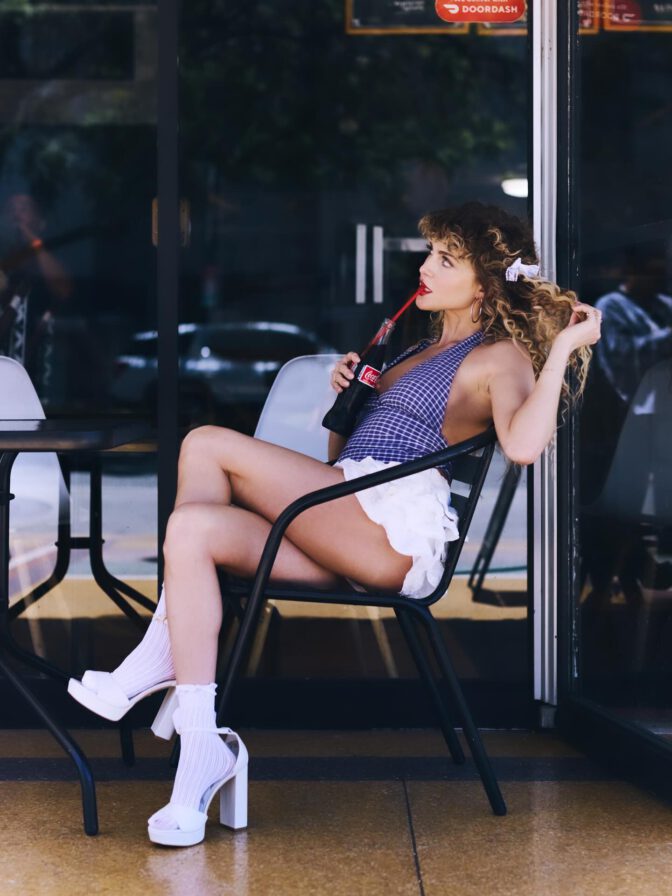 Anne Winters Mini Skirt Backless Top Retro Shoot